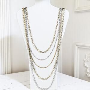 Multi Layer Gold Silver Various Chain Style Necklace Trendy Statement 29.5"